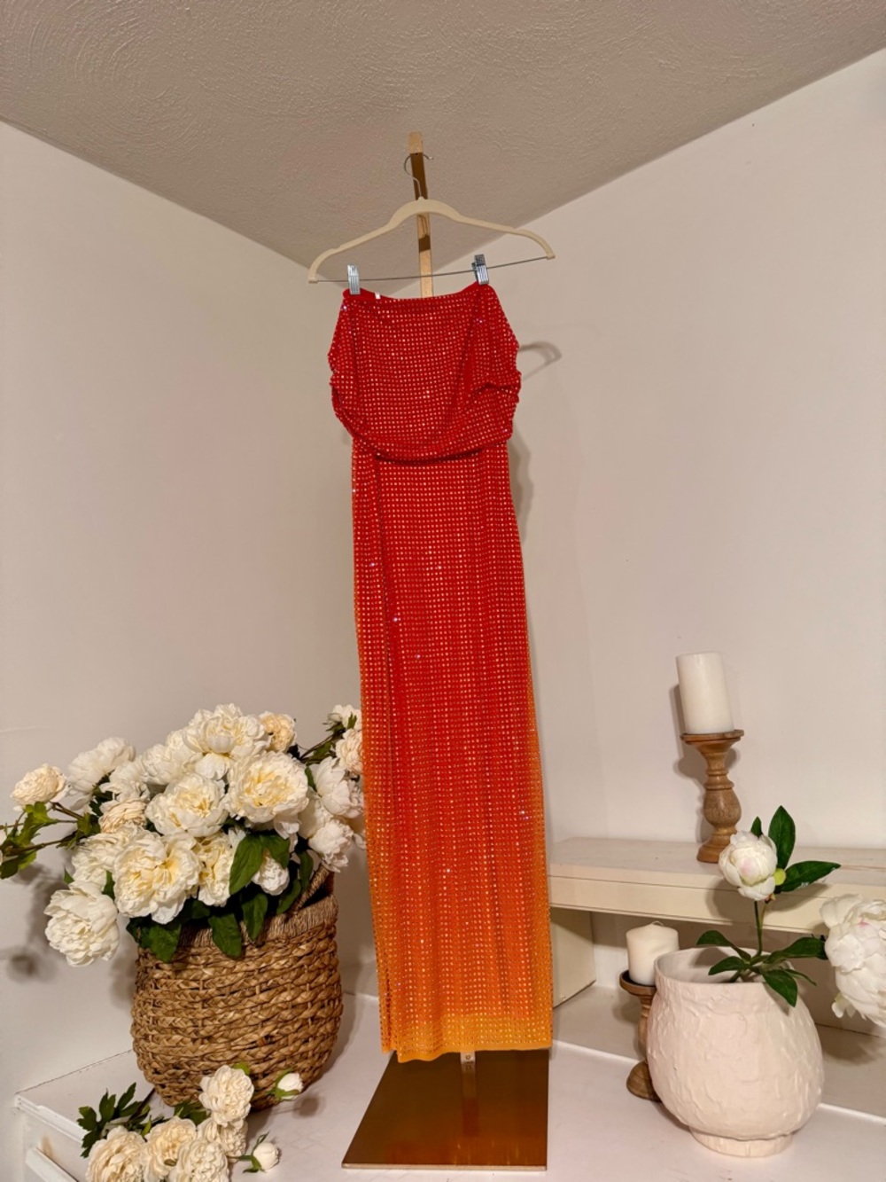Self-Portrait Red to Orange Ombre Beaded Strapless Gown